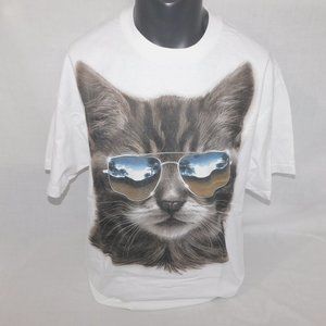 Gray Tabby Cat Wearing Aviator Sunglasses Mens XL White Graphic T Shirt
